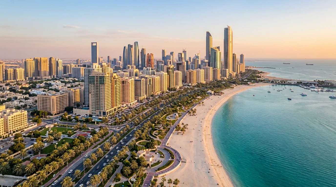 Aerial view of a Gulf coastal city with a corniche, beach and residential towers at golden hour (illustrative image)