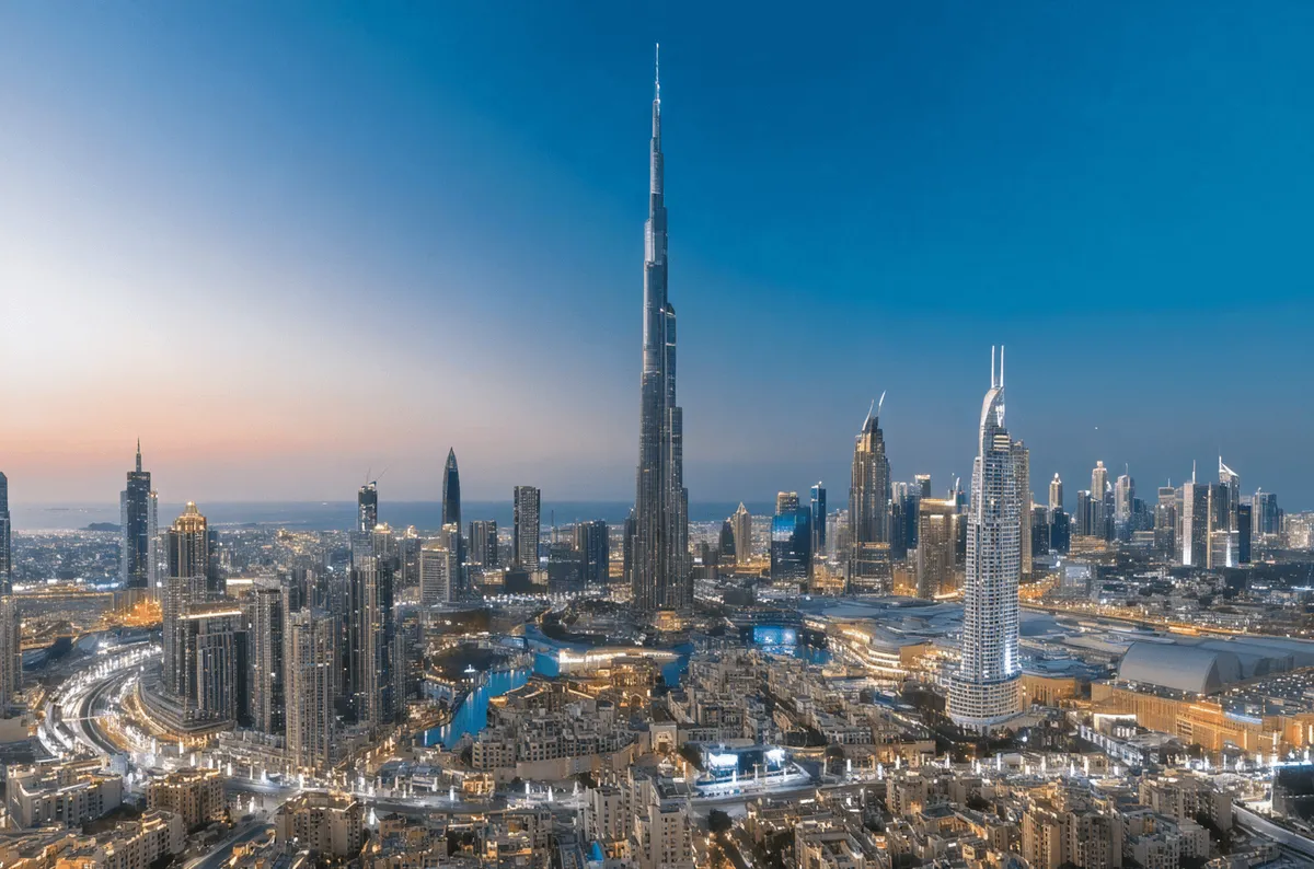Dubai skyline with Burj Khalifa at dusk