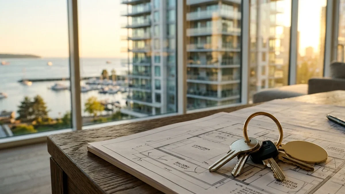 House keys on floor plans with waterfront apartment towers in the background (illustrative image)