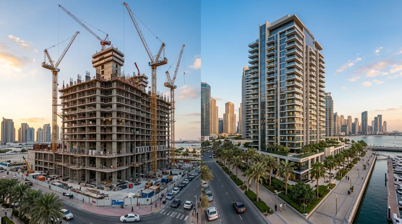 A residential tower under construction next to a completed apartment tower (illustrative image)
